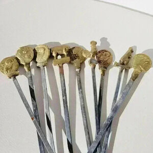 Set of 10 Vintage Turkish Animal Farm Stainless Steel & Brass Skewers BBQ